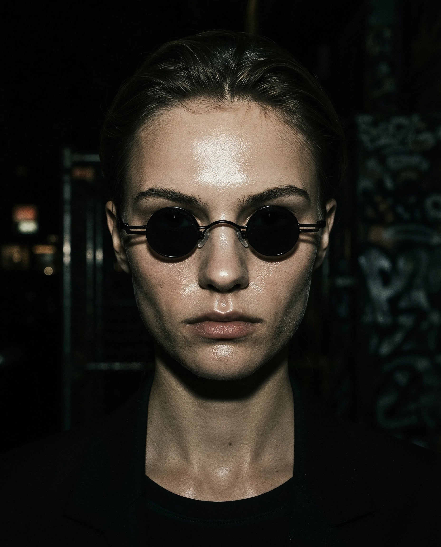 LIBECCIO — micro round metal sunglasses on model, night flash portrait
