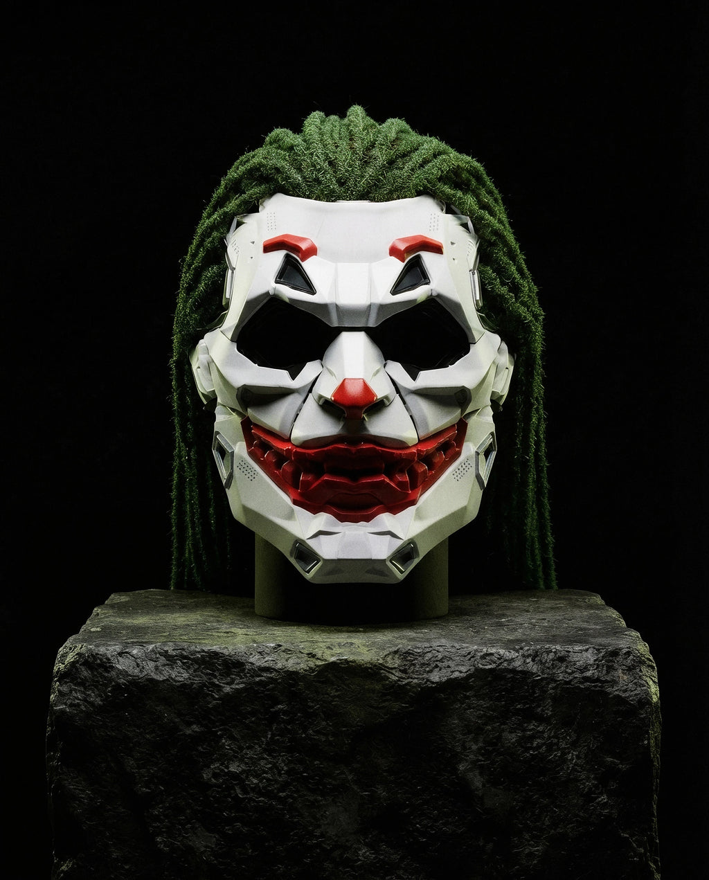 MEZZANOTTE — cyberpunk full-face mask still life on stone plinth