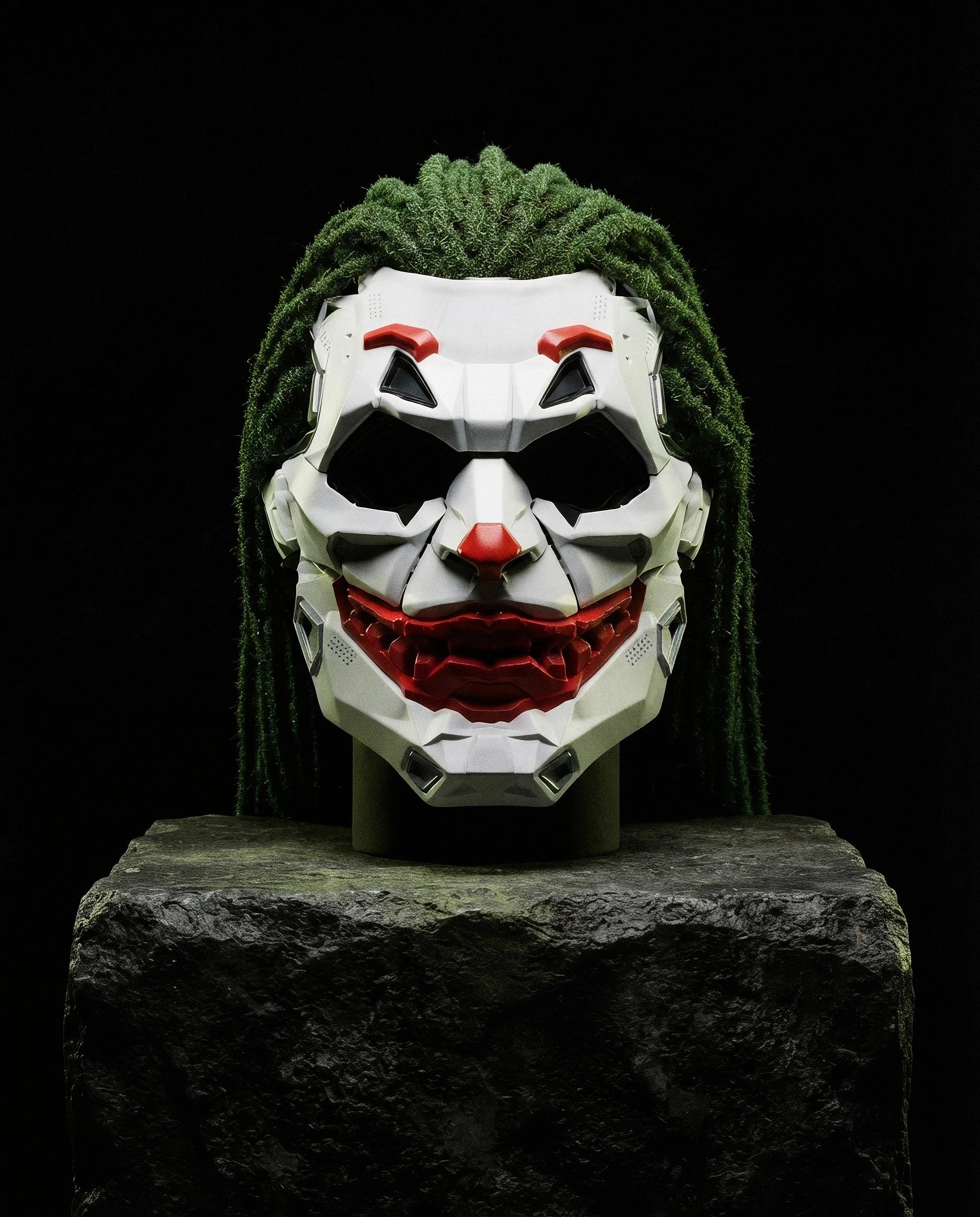 MEZZANOTTE — cyberpunk full-face mask still life on stone plinth