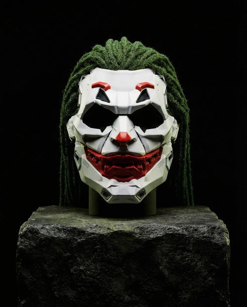 MEZZANOTTE — cyberpunk full-face mask still life on stone plinth