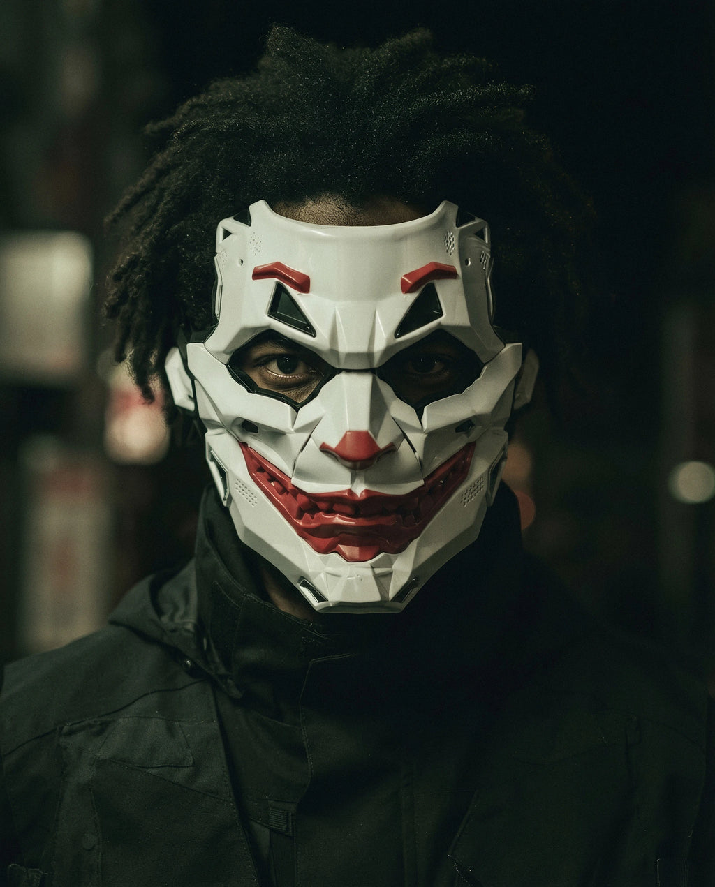 MEZZANOTTE — white and red armored cyberpunk mask on model, night flash portrait
