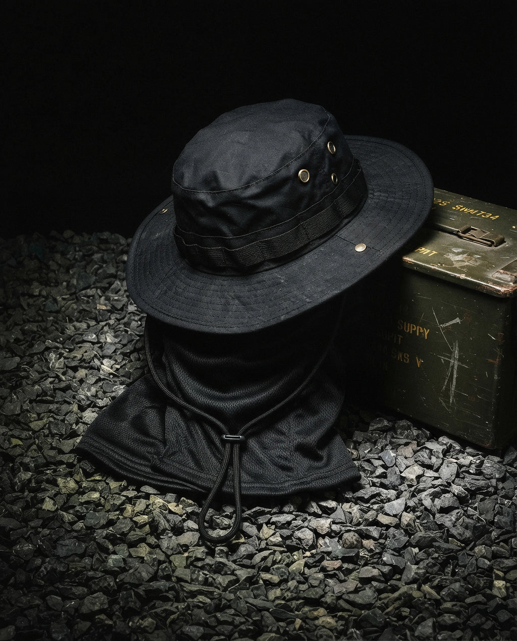 NOTTURNO — black boonie hat and balaclava set still life on gravel